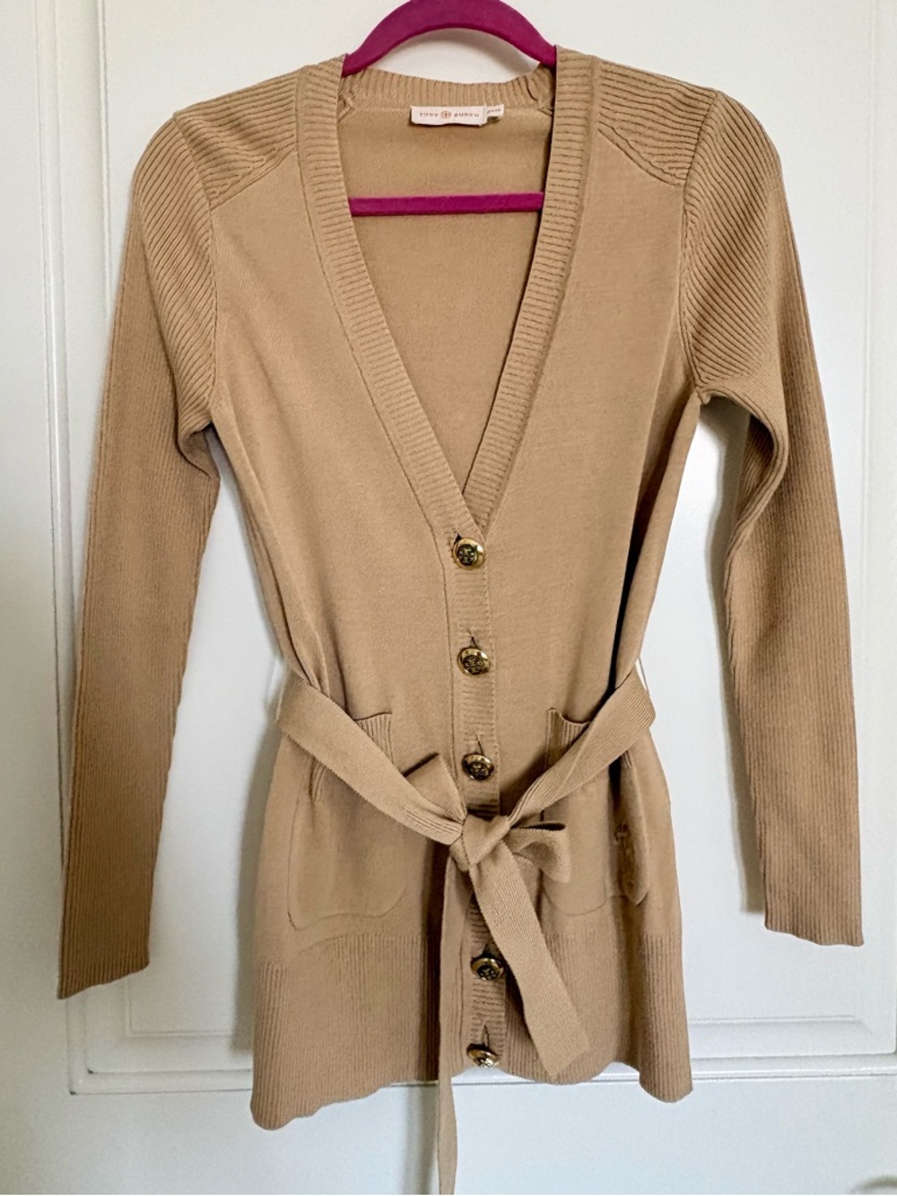 Tory Burch Beige Knit Cardigan with gold buttons